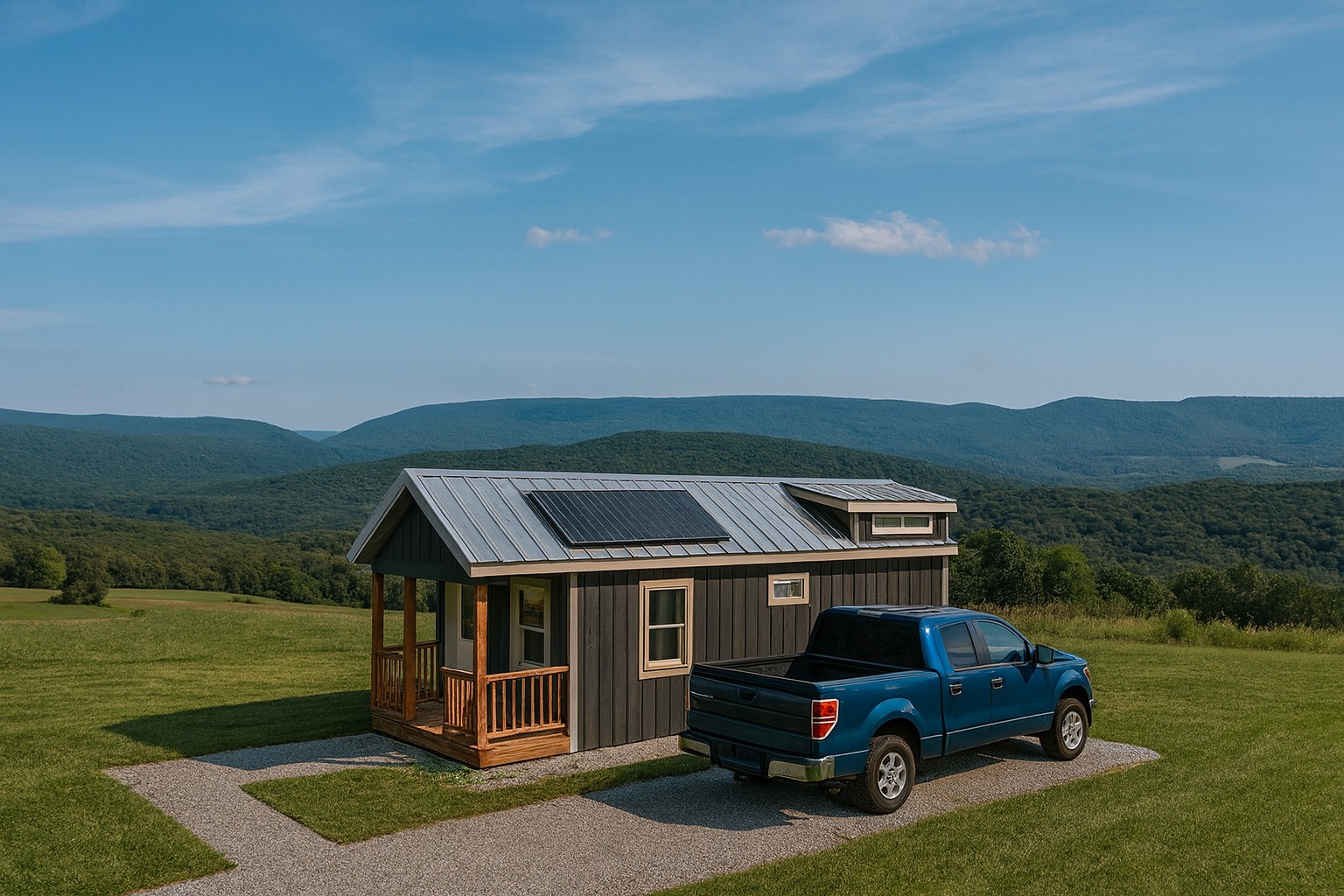 Off grid cabin exterior front view